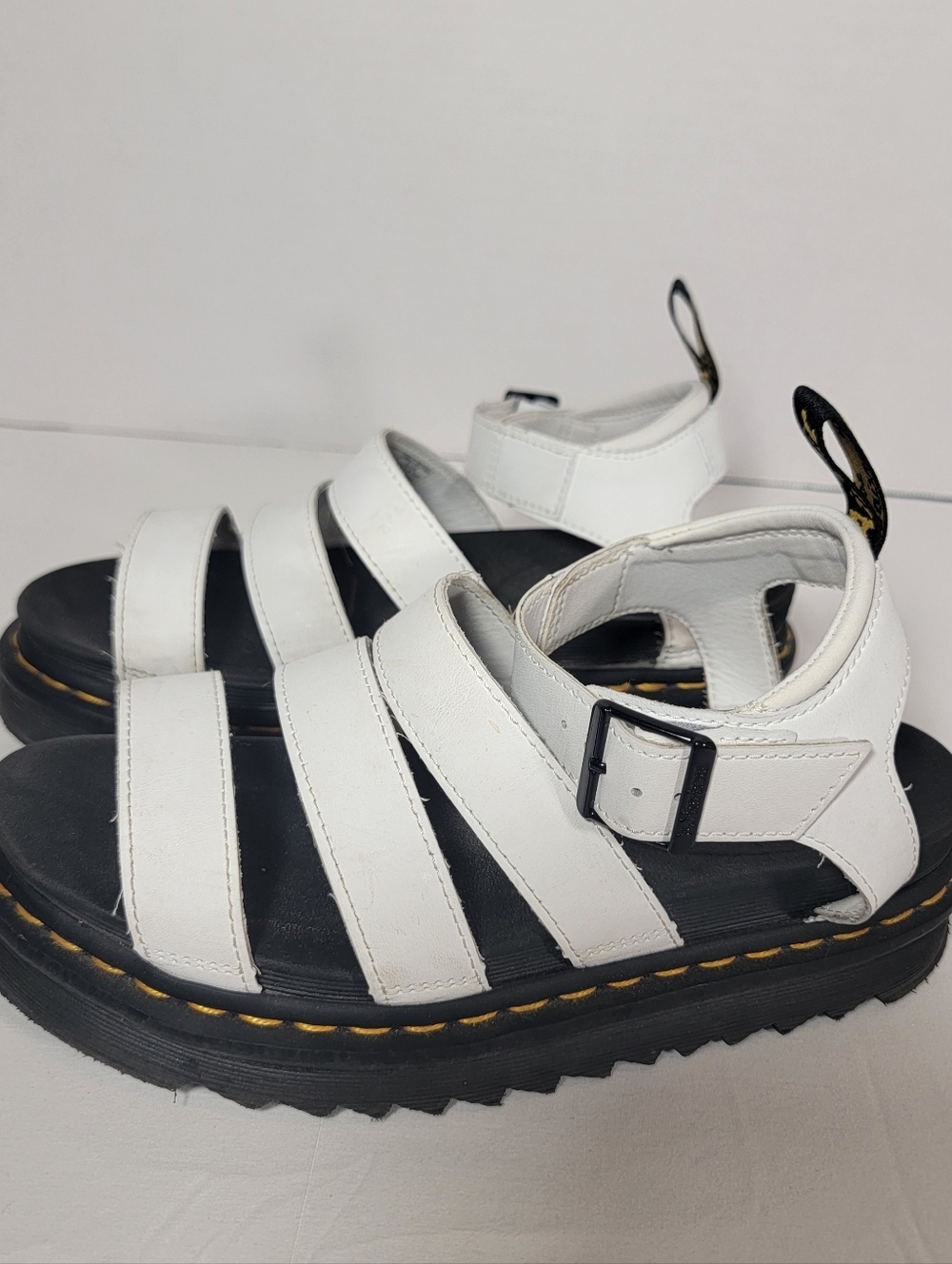 Dr. Martens White Strappy Platform Sandals with Black Sole